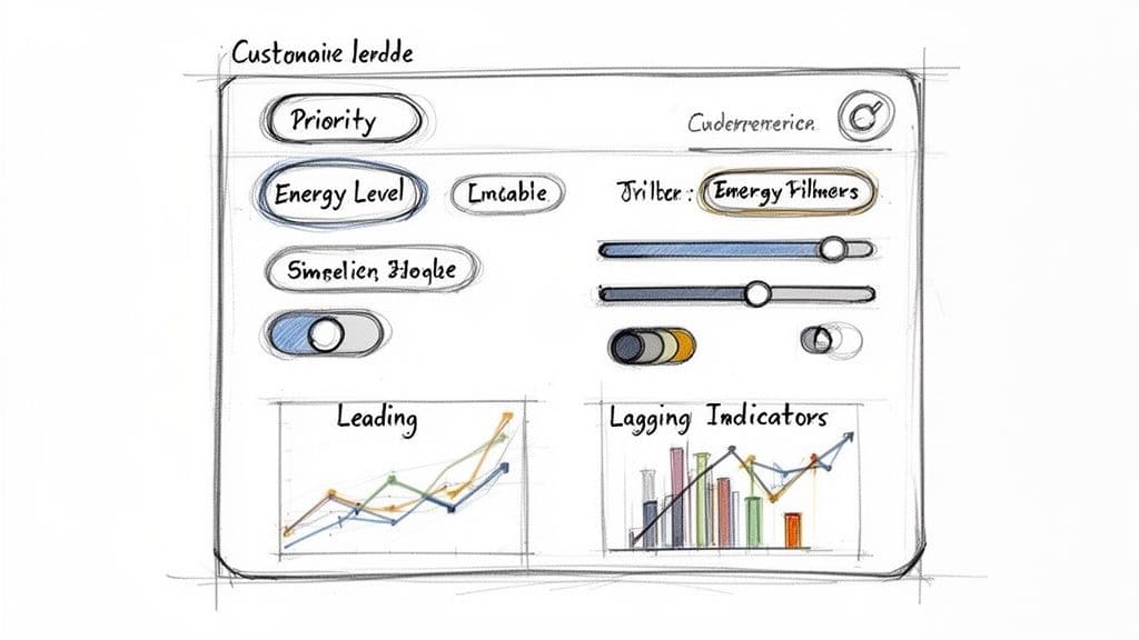 Hand-drawn sketch of a user interface dashboard with various controls, sliders, toggles, and data charts.