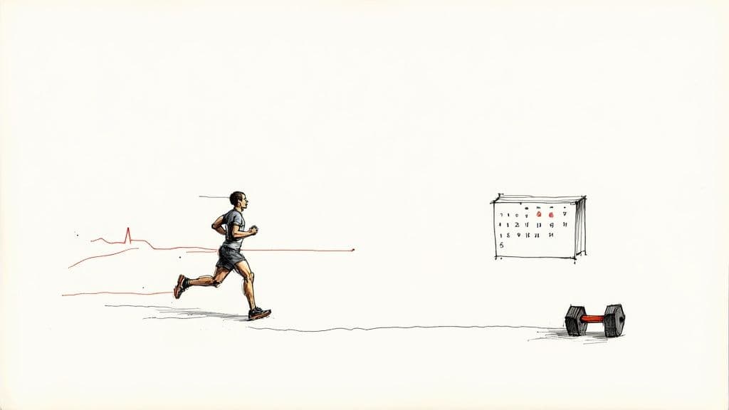 Illustration of a man running, a calendar tracking progress, and a dumbbell for fitness goals.