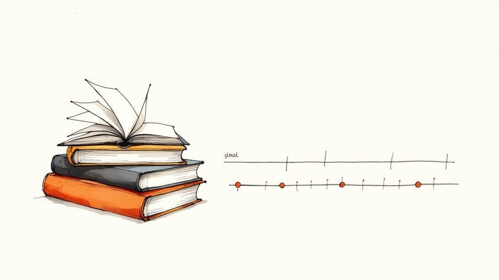 An illustration of stacked books, with an open one on top, beside a timeline marking progress towards a goal.