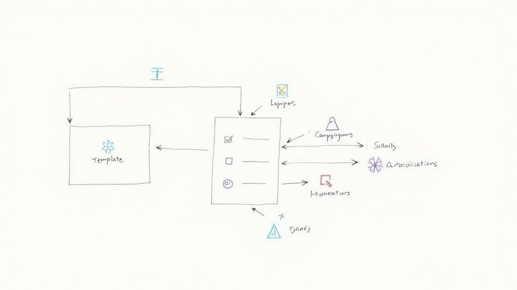 Hand-drawn diagram illustrating a workflow with templates, checklists, and various inputs and outputs.