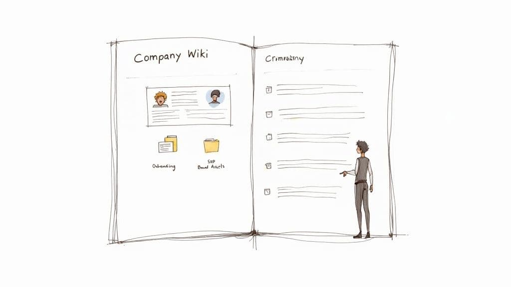 Hand-drawn illustration of an open 'Company Wiki' book, with a person pointing at its contents.