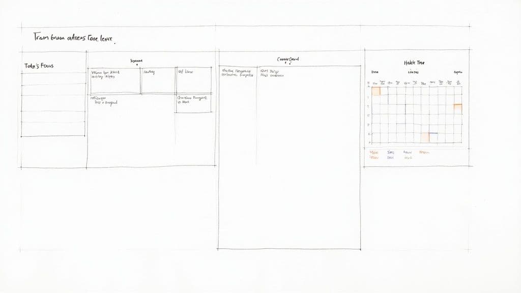 A detailed, handwritten daily planner layout featuring sections for focus, tasks, a kanban board, and a habit tracker calendar.