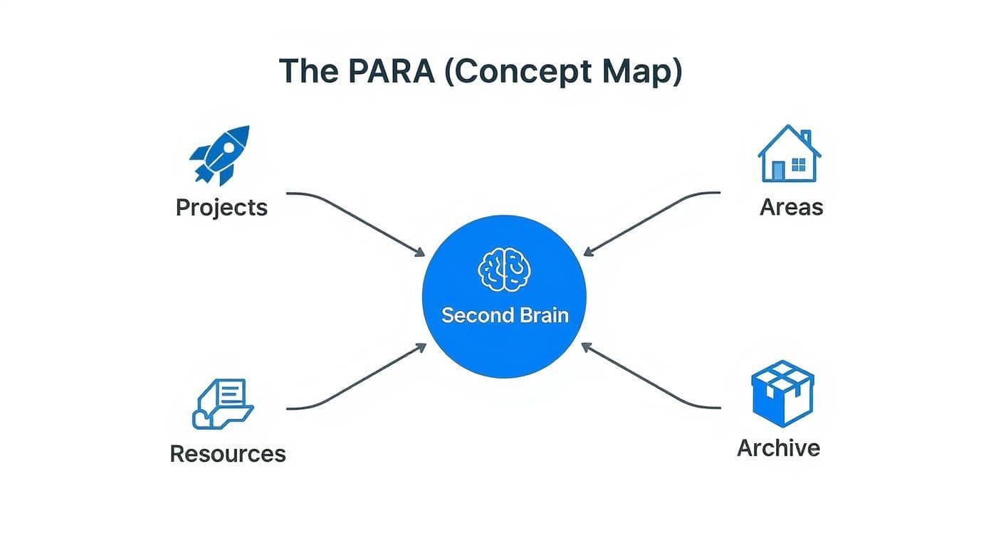 Infographic showing the PARA method as a concept map with a central 'Second Brain' hub branching out to Projects, Areas, Resources, and Archive.