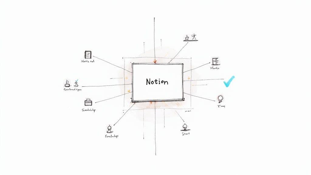 A hand-drawn concept map with Notion at its center, connected to various startup-related elements.